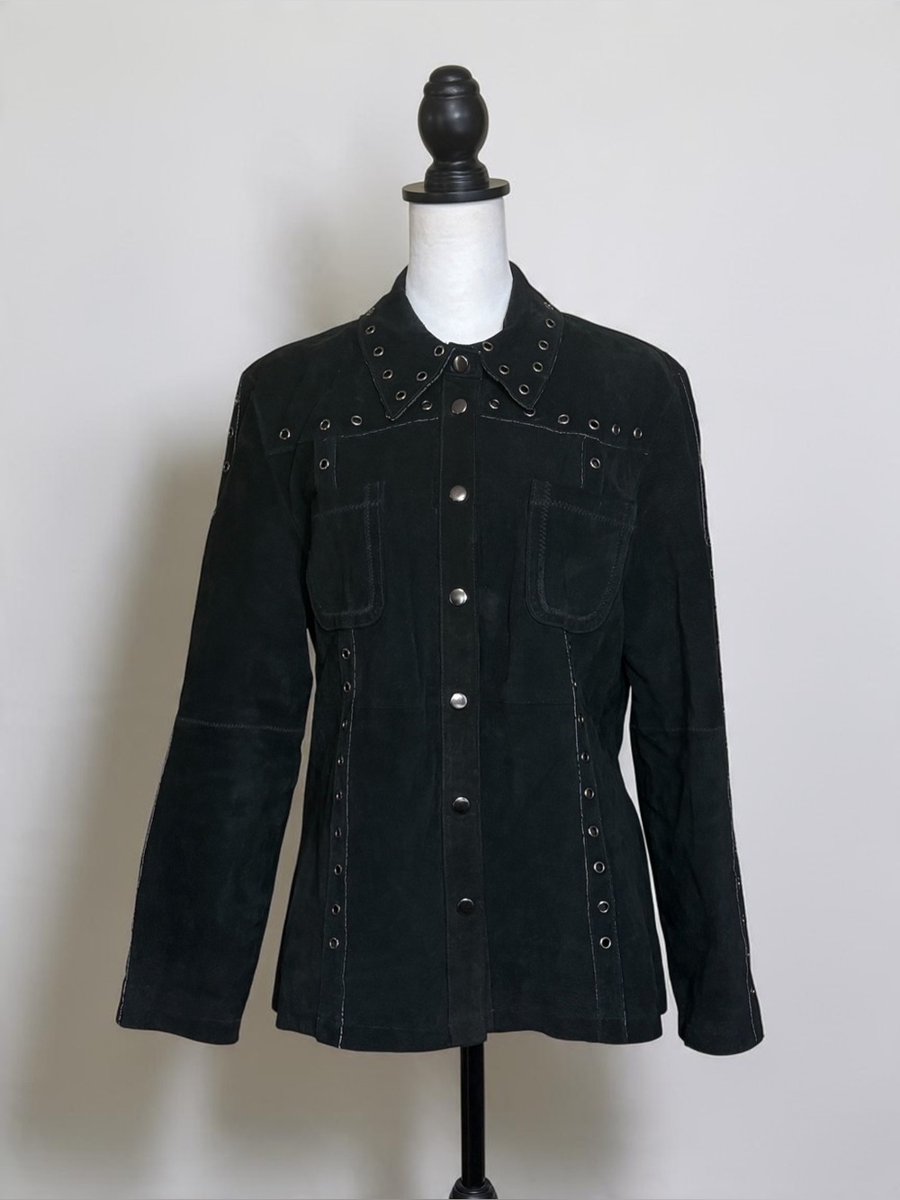 Vintage Robert Louis Black 100% Suede Metal Grommet Jacket Women's Size L